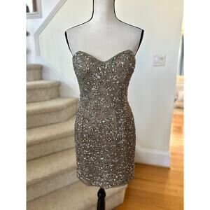 Vintage 90s NWT Shail K Taupe Silk Sequin Sweetheart Mini Dress